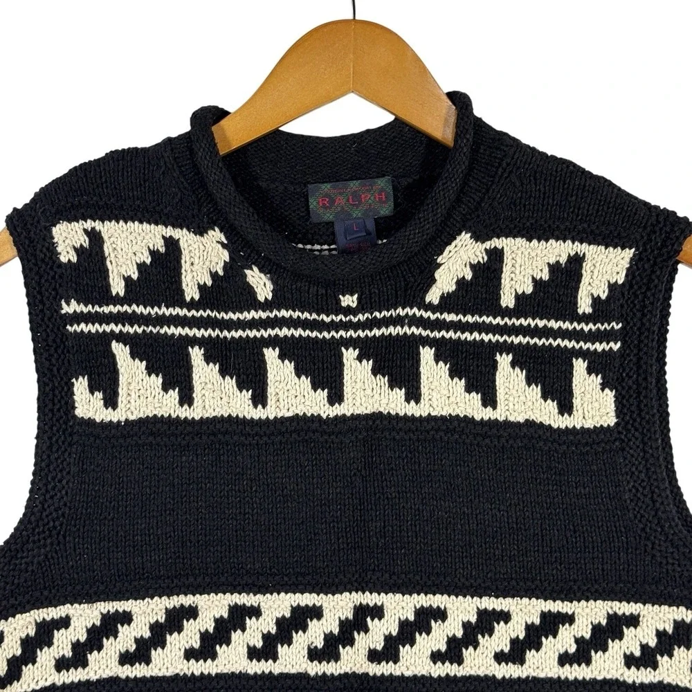 Ralph Lauren Hand Knit Sweater Vest L Black Fair Isle Southwestern Silk Linen